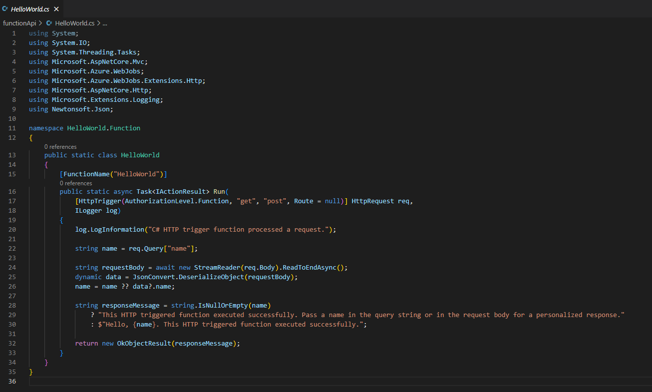 Create a Web Api Using a Http Triggered Azure Function App With vs Code